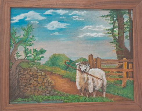Sheep with walking stick
