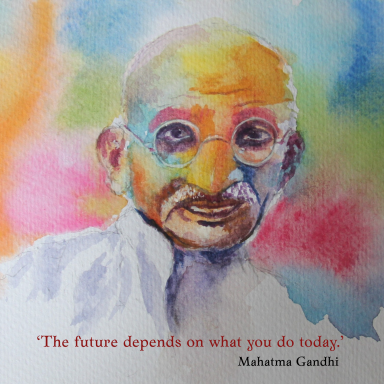 Mahatma Gandhi Mahatma Gandhi watercolour painting using rainbow colours. Greeting cards & prints. 'The future depends on what you do today.'