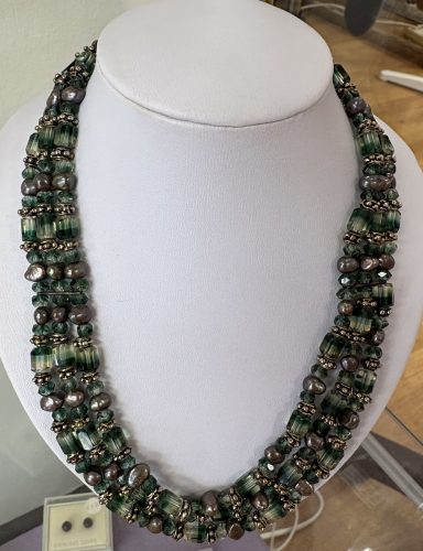 3 Strand Choker Necklace 3 Strand choker necklace in stunning shades of green, made from freshwater pearls, glass beads and Czech crystals.
