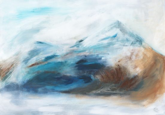 Winter Mountains Winter Mountains acrylic painting with blue hues set in winter with white peaks and russet scenery.