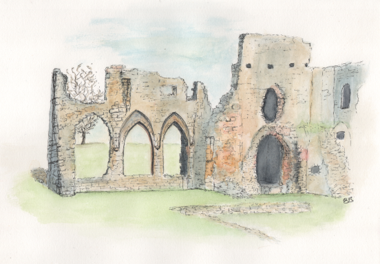 Easby Abbey Easby Abbey watercolour sketch in greens and yellow hues.