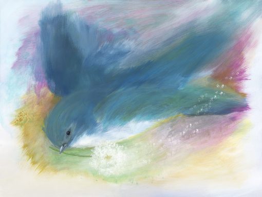 Time Flies Bluebird with dandelion clock, blue and pink hues.