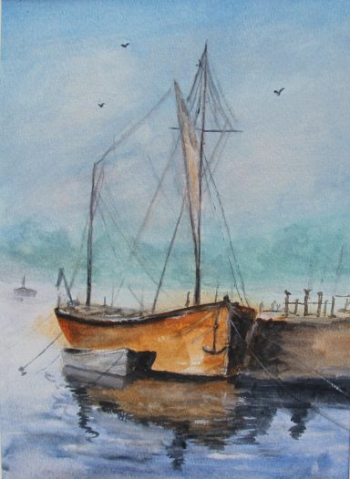 Beside The Mast A boat with mast moored up with a small rowing boat beside it. Watercolour with reflections in water.